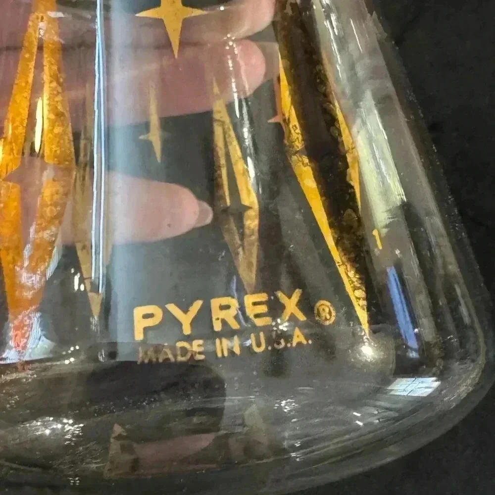 MCM PYREX GOLD ATOMIC DIAMOND STARS CARAFE 2 CUP COFFEE TEA POT 5